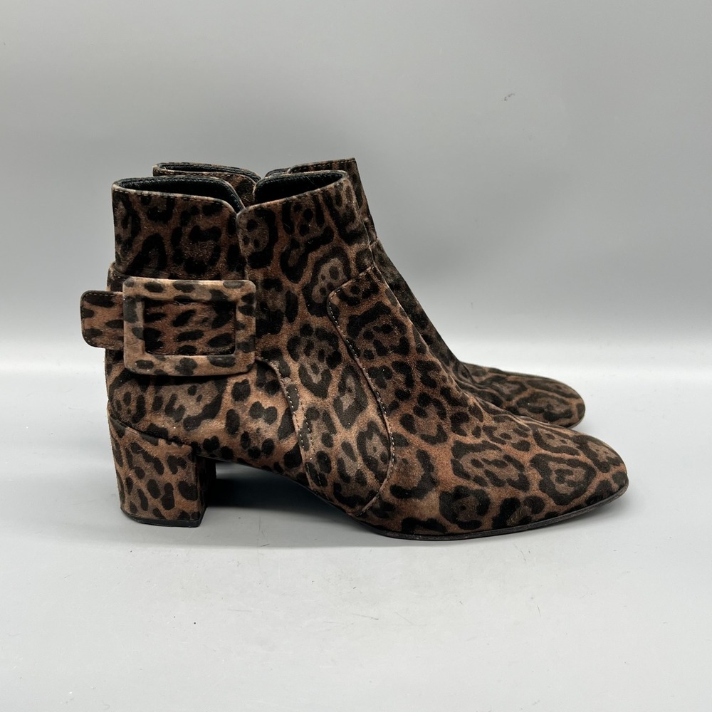 Roger Vivier Boots Womens 7 Brown Leopard Print Calf Hair Ankle Buckle Shoes